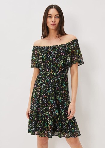 Phase Eight Zaylah Shirred Floral Mesh Dress Black/Multicolor Australia | QD3268791